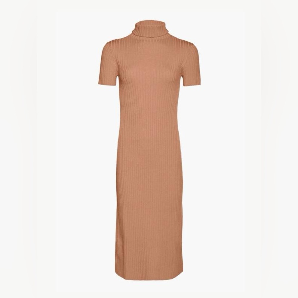 STAUD Camel Wool Blend Mock Neck Ribbed Sweater Dress - M